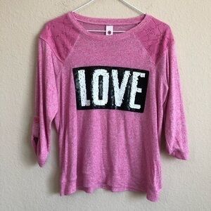 Total Girl Top Sequins Love Lace Shoulders Pink
